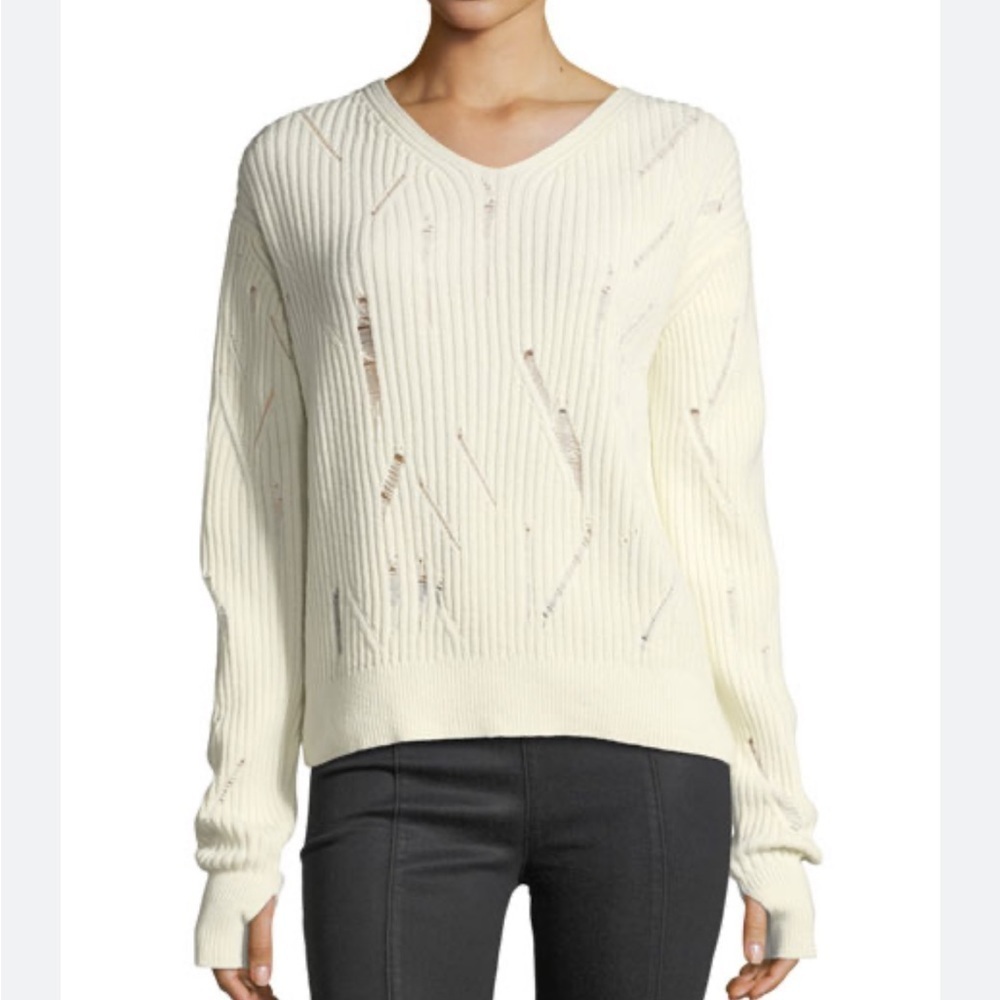 HELMUT LANG V-Neck Drop-Needle Wool Sweater Cream Distressed